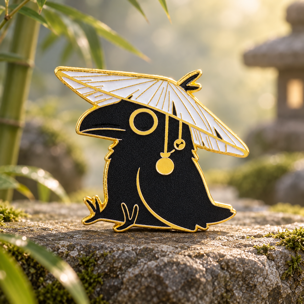 Black Crow in a Conical Hat Pin in a misty bamboo garden
