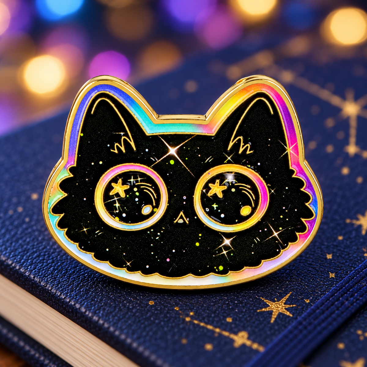 Black and Rainbow Galaxy Cat enamel pin on a starry notebook