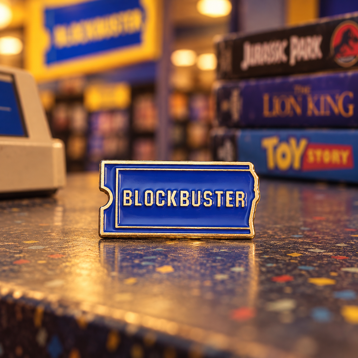 Blockbuster Video Ticket Pin — styled product photo