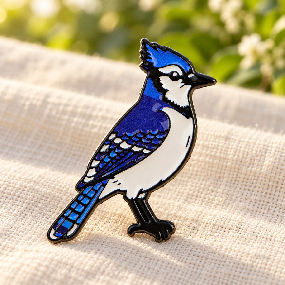 Blue jay enamel pin on cream linen