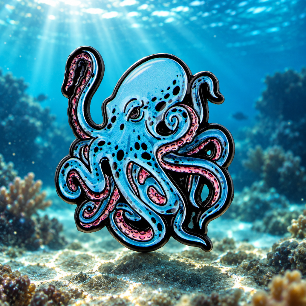 Blue Octopus enamel pin against a sunlit underwater reef
