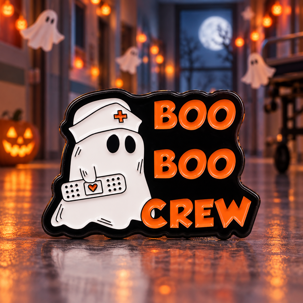 Boo Boo Crew Ghost Pin enamel pin on a themed background