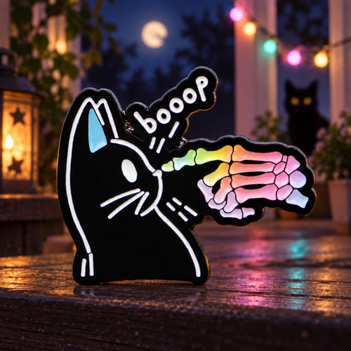 Boop Black Cat and Rainbow Skeleton Hand Pin on a themed spooky background