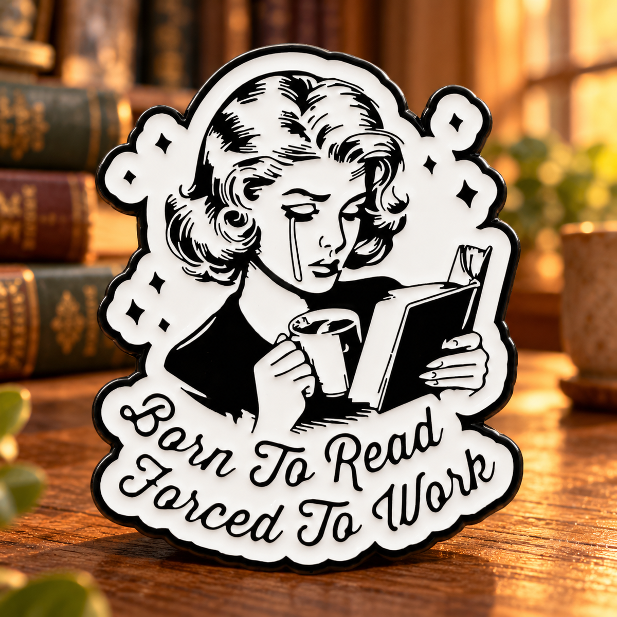 Born To Read Forced To Work Pin on a warm library background