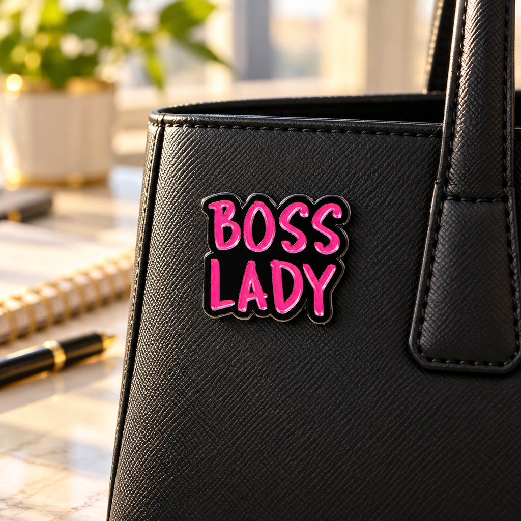 Boss Lady enamel pin on a black work tote