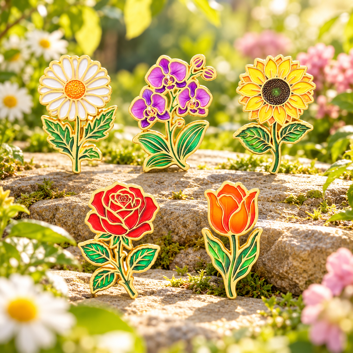 All five Botanical Flower Pins in a sunny garden