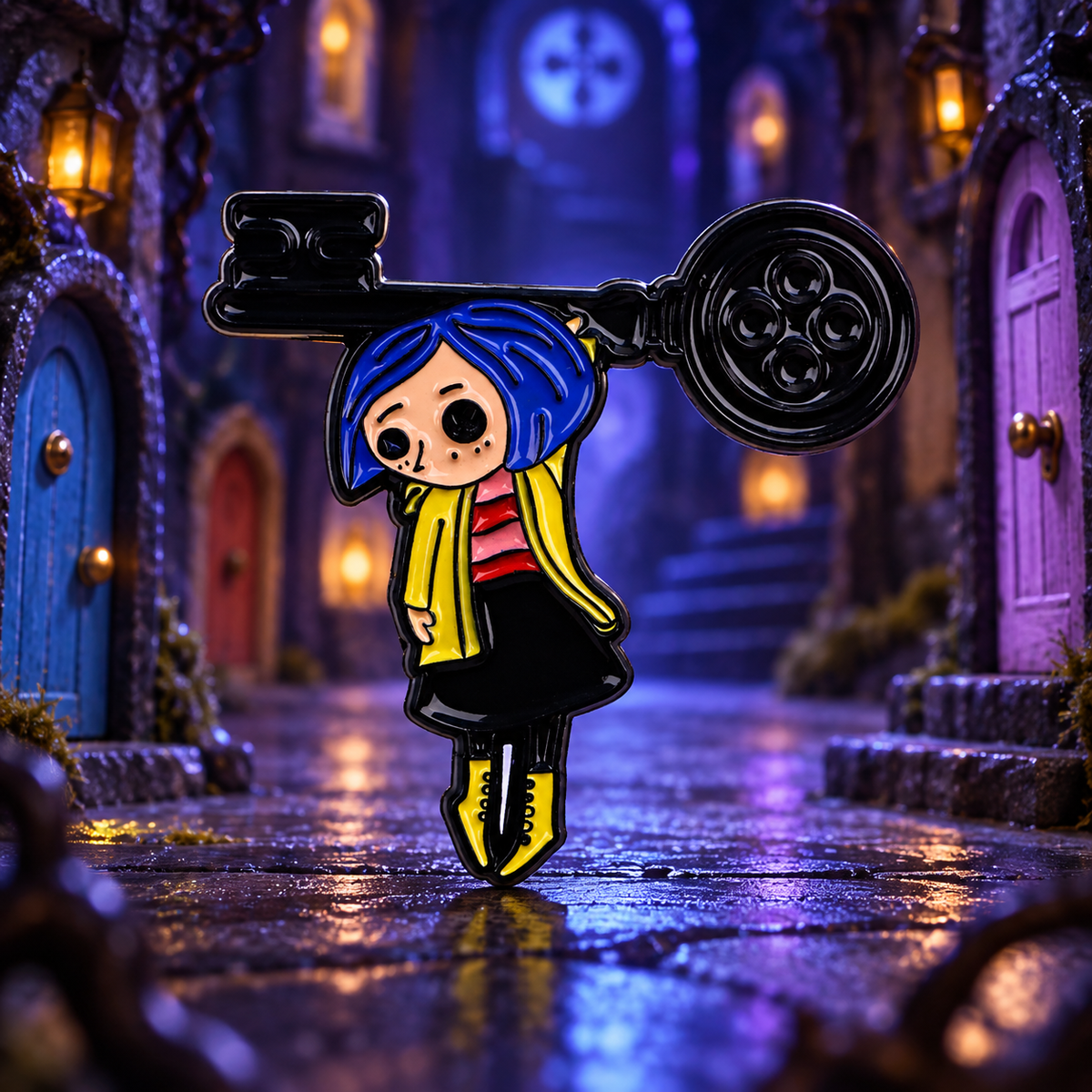 Bulbasaur Coraline Pin on a themed spooky background