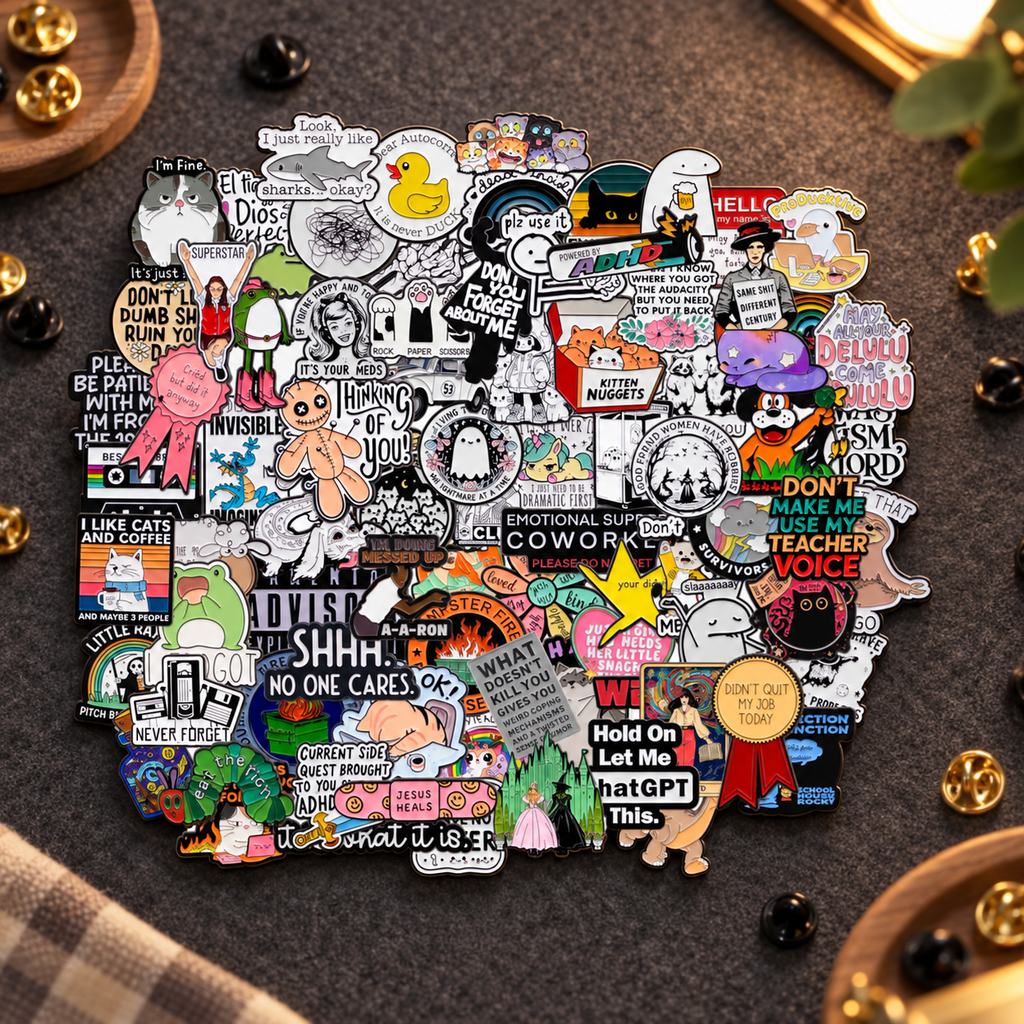 Bulk enamel pin assortment on dark gray craft felt