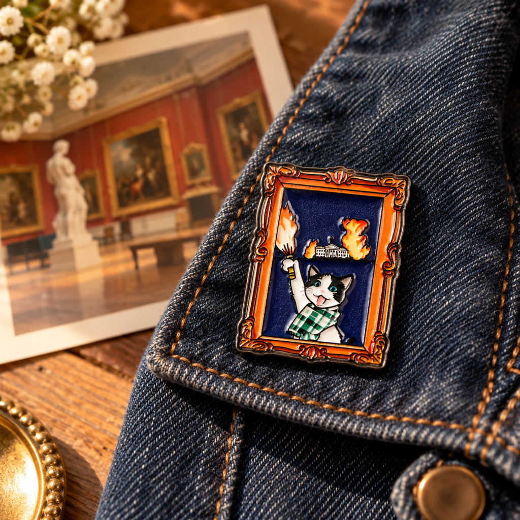 Cat White House Fire enamel pin on a denim jacket