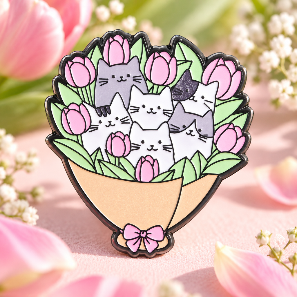 Cats and Tulips Bouquet Pin — styled product photo