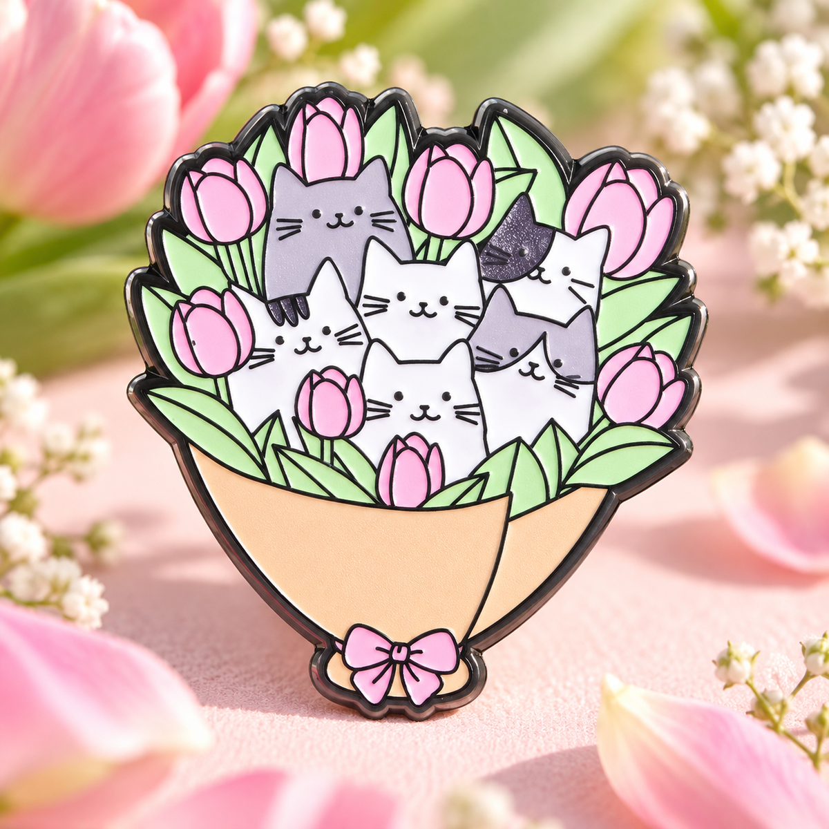 Cats and Tulips Bouquet Pin — styled product photo
