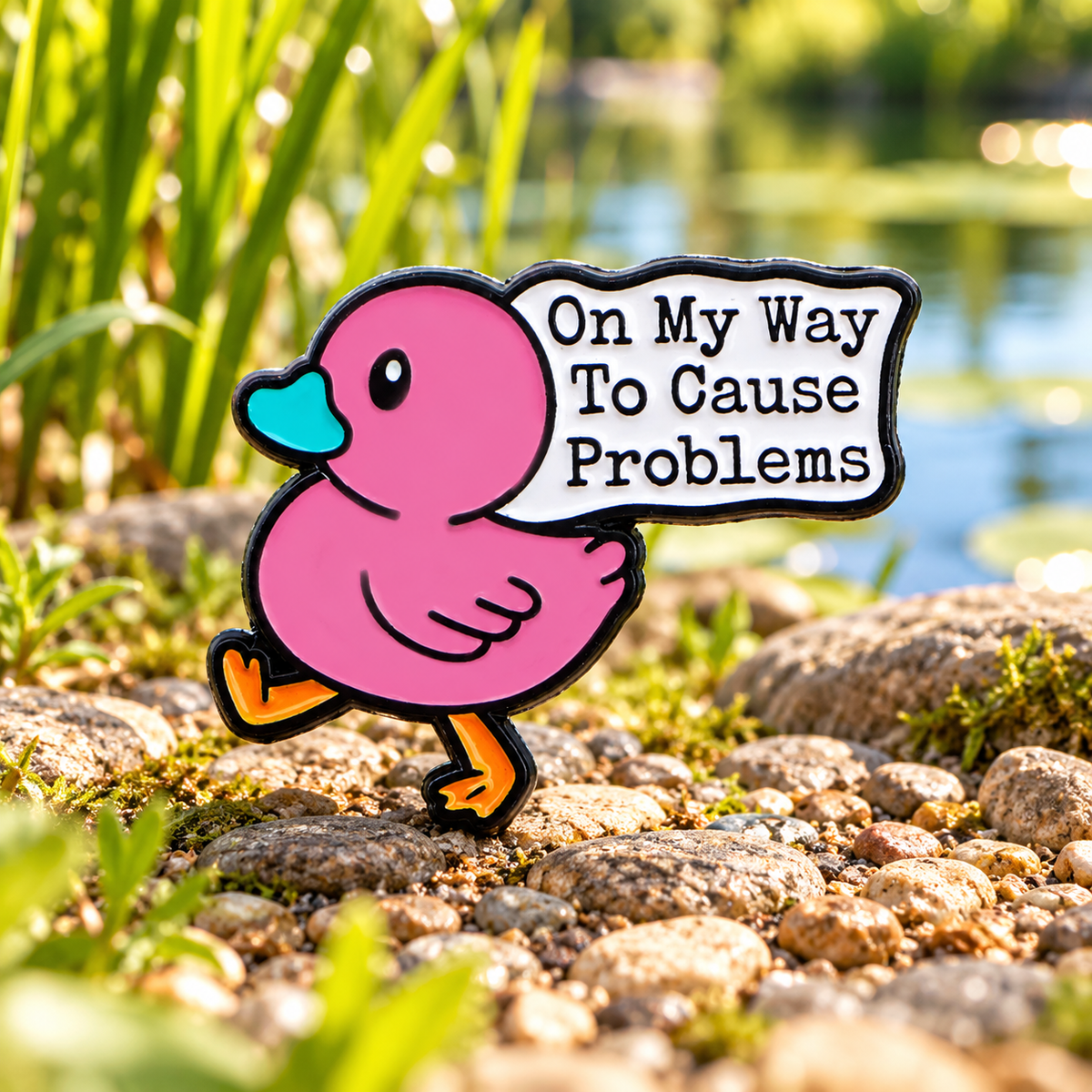On My Way to Cause Problems duck enamel pin by a sunny pond