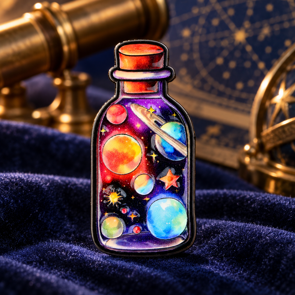 Celestial Bottle Pin on a velvet astronomy desk