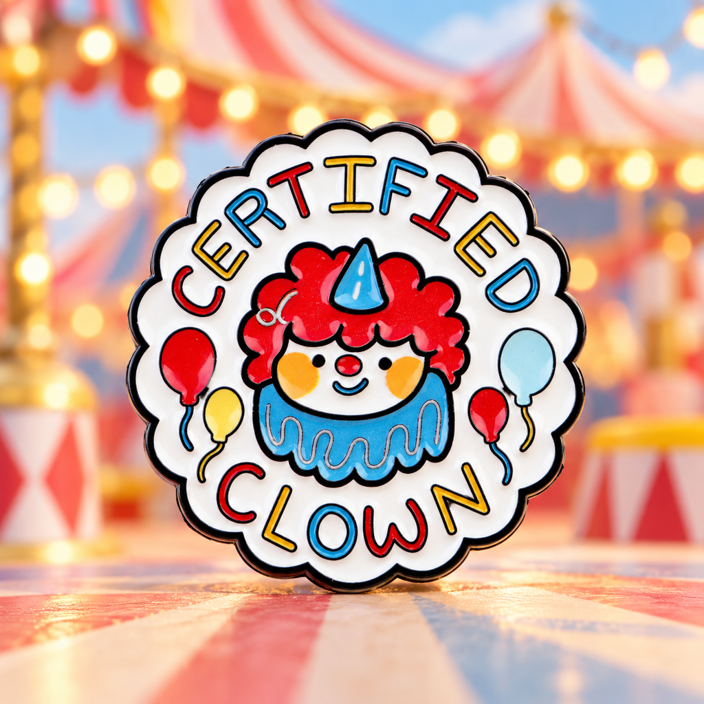 Certified Clown Pin against a pastel circus backdrop