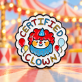 Certified Clown Pin against a pastel circus backdrop