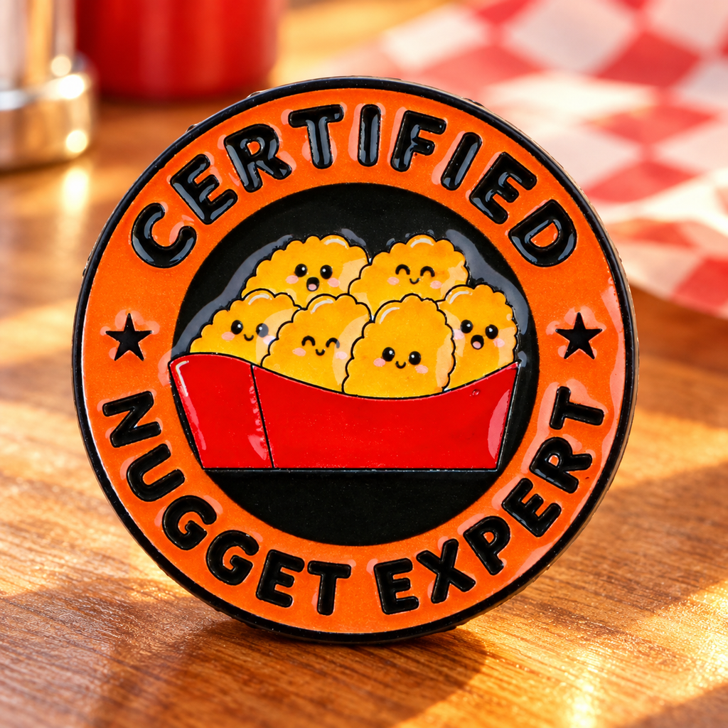 Certified Nugget Expert Pin on diner tabletop