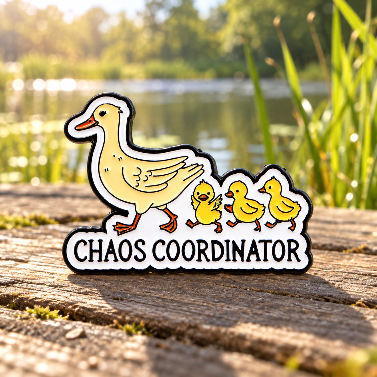 Chaos Coordinator Duck Pin on a pondside path