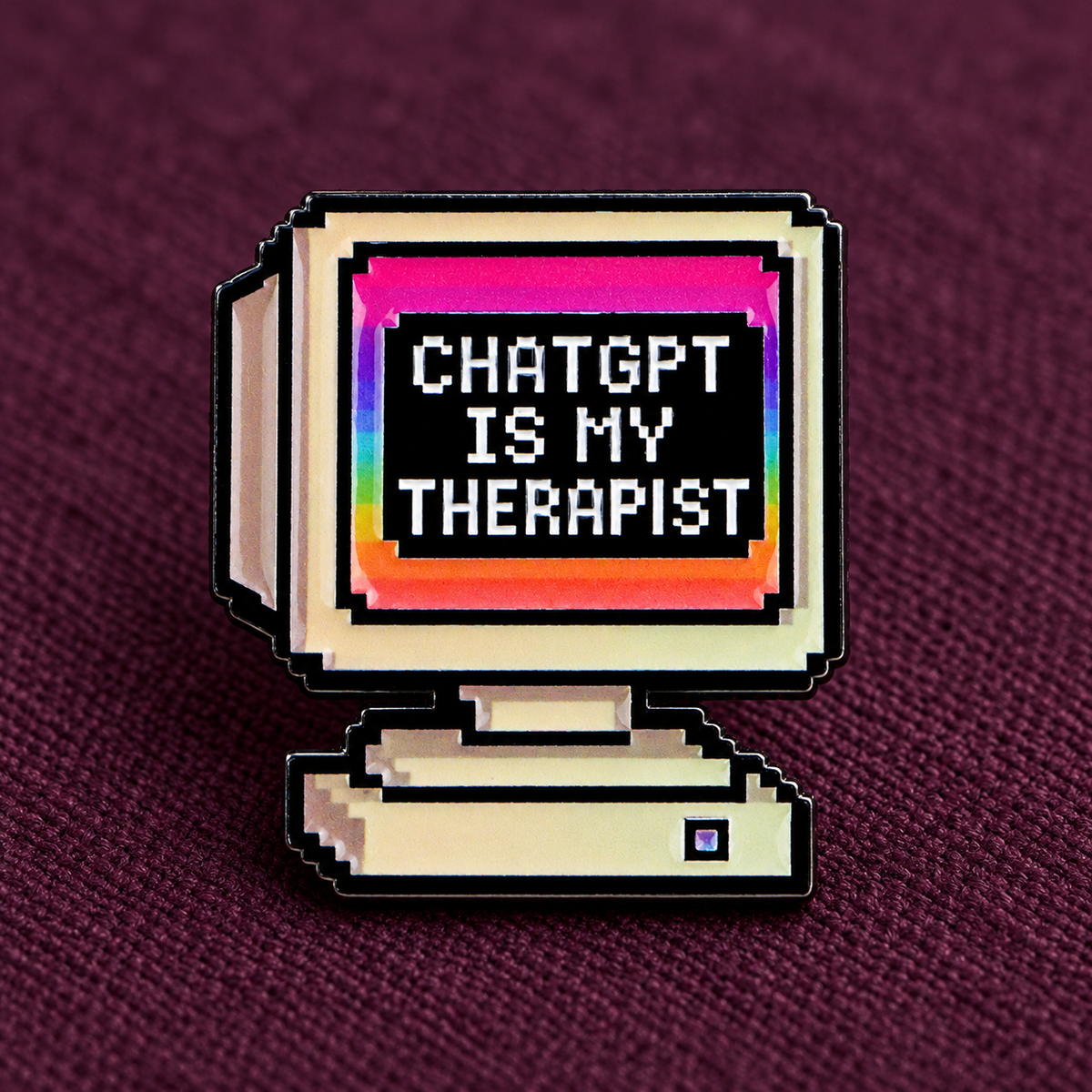 ChatGPT Is My Therapist retro computer enamel pin on plum fabric