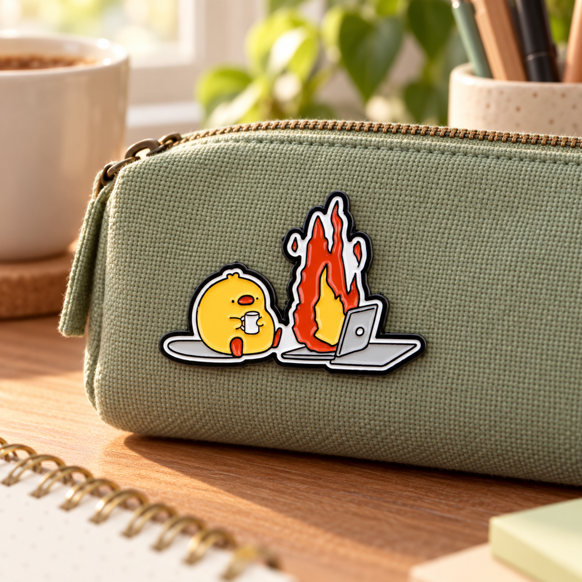 Chicken Laptop on Fire enamel pin on a sage pencil case