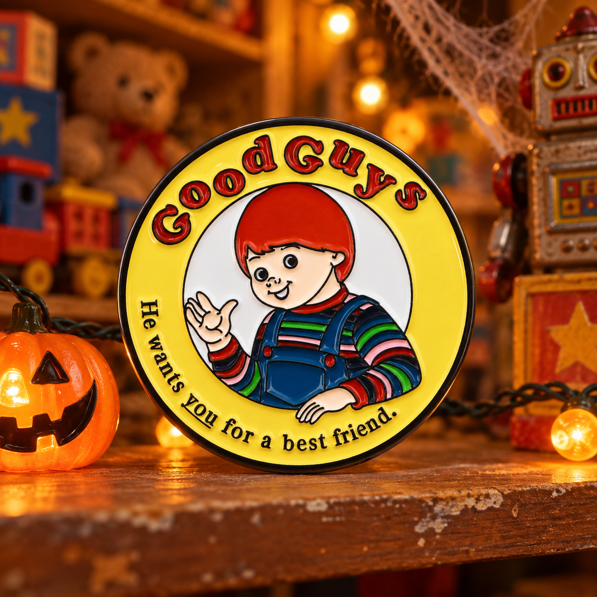 Child's Play Good Guys Chucky Pin on a themed spooky background