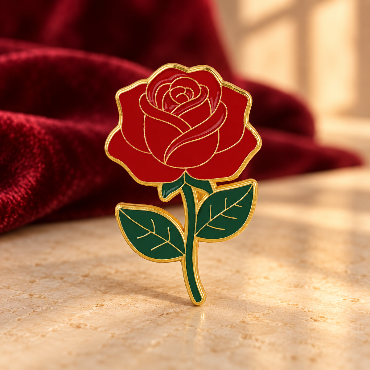 Classic Red Rose enamel pin against burgundy velvet