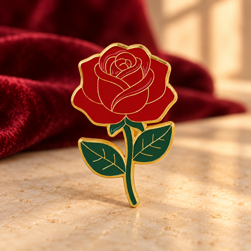 Classic Red Rose enamel pin against burgundy velvet