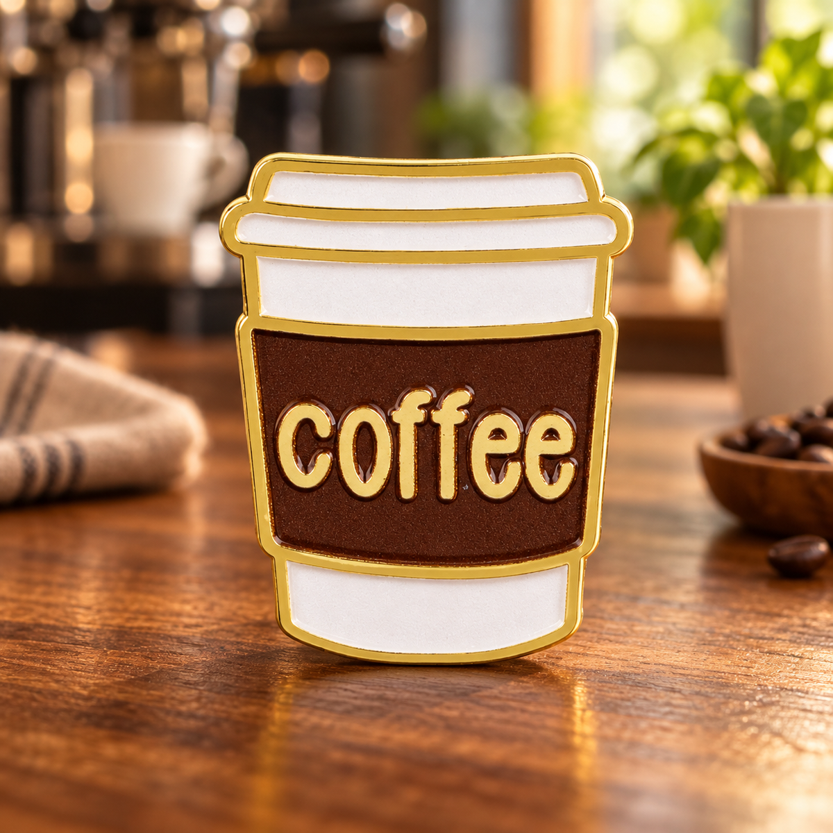 Classic Takeaway Coffee Cup Pin in a cozy café setting