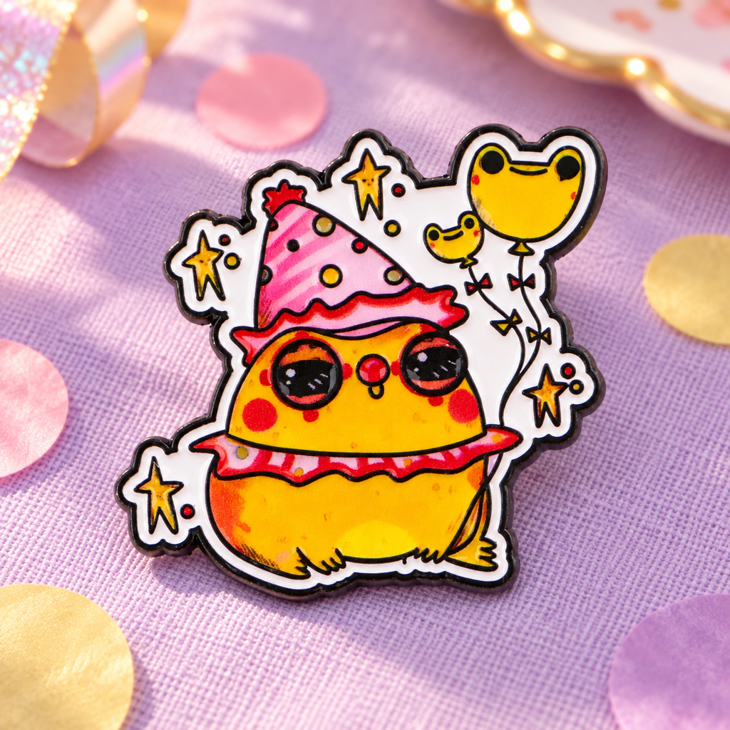 Clown Frog Pin on pastel lavender party cloth