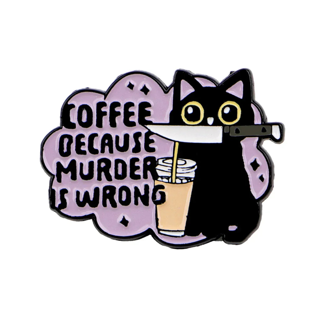 Funny Black Cat Enamel Pin Coffee Brooch Pines Lapel Pins Badge on Backpack Clothing Accessories Halloween Jewelry