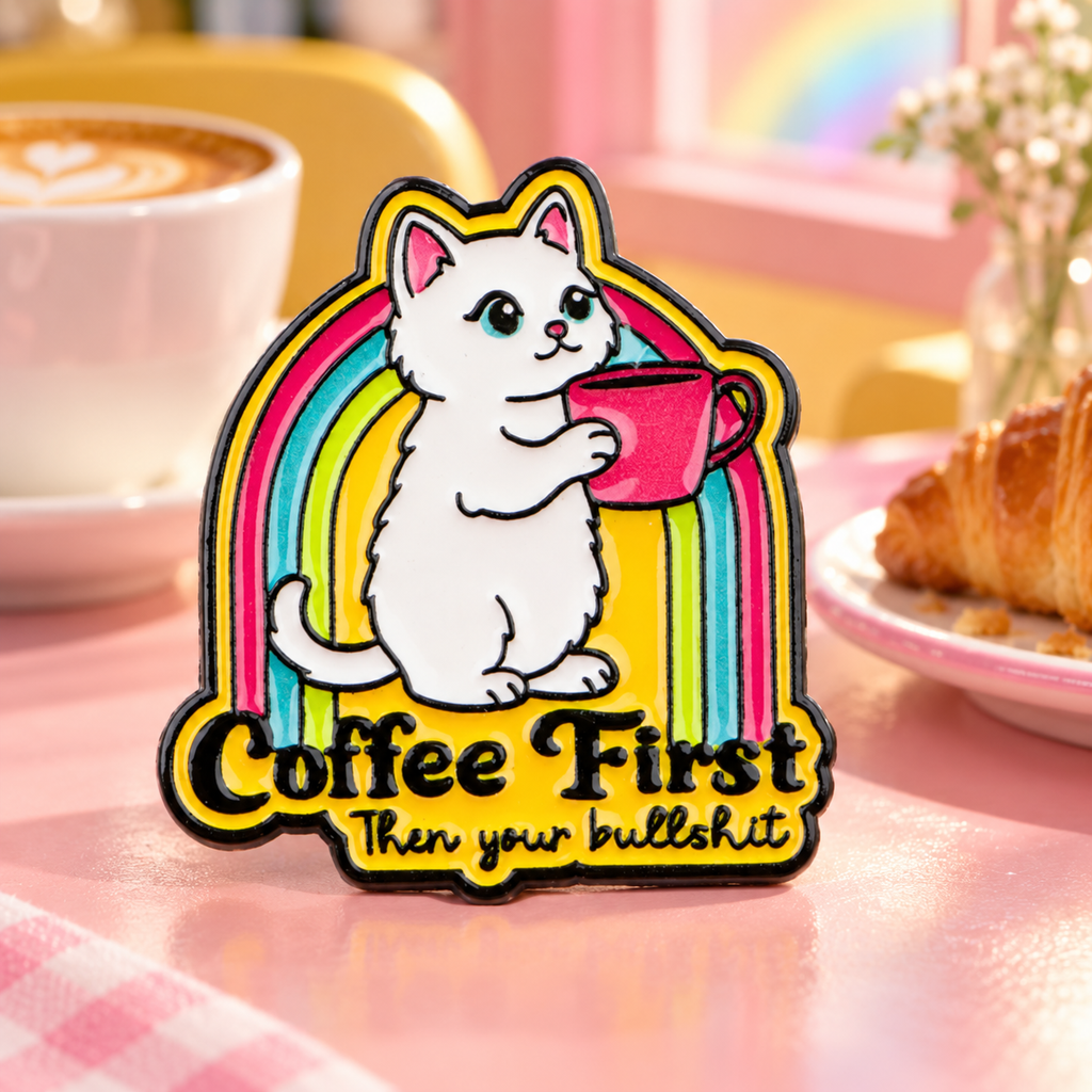 Coffee First Rainbow Cat enamel pin in a colorful cozy cafe