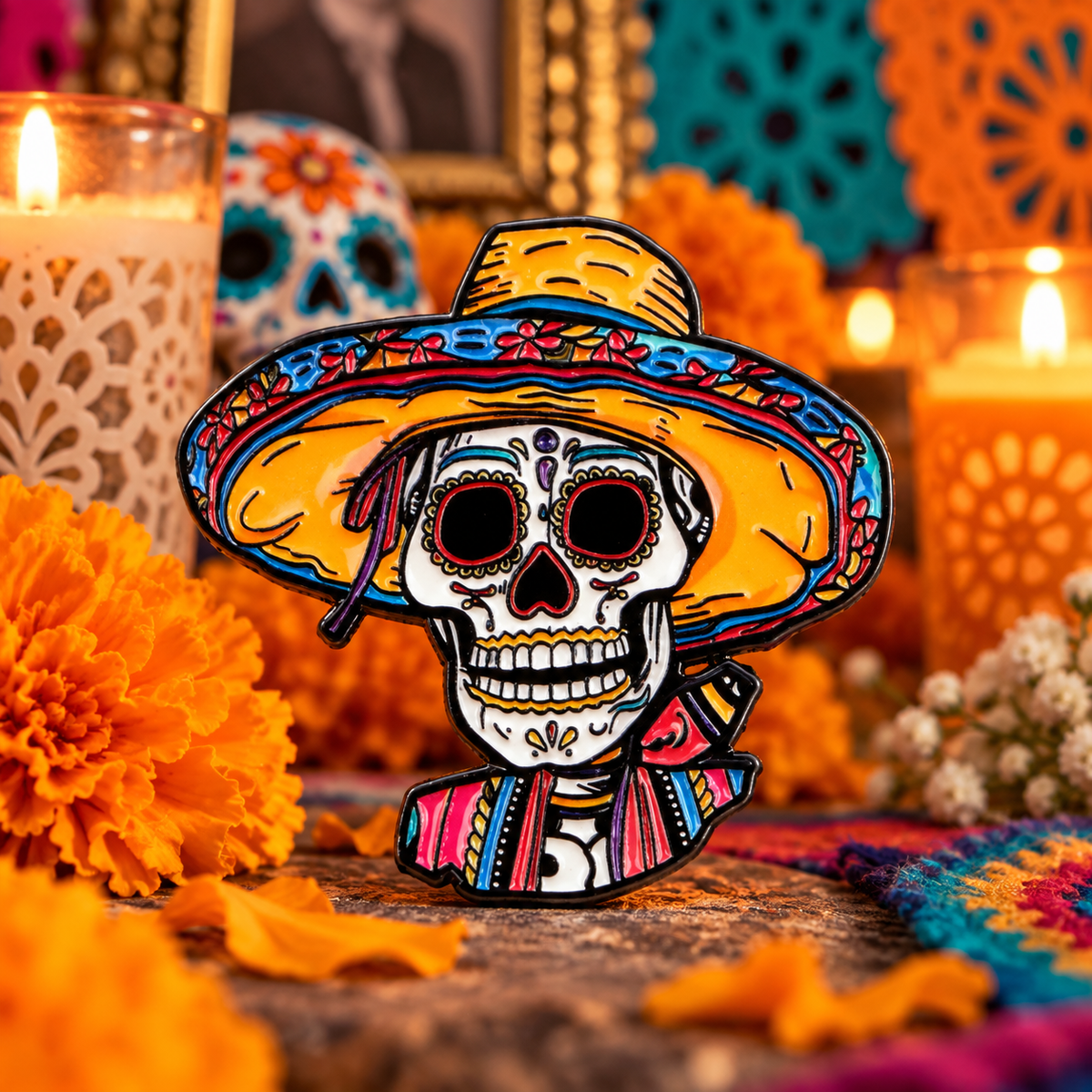 Colorful Calavera Mexican Skull Pin on a themed spooky background