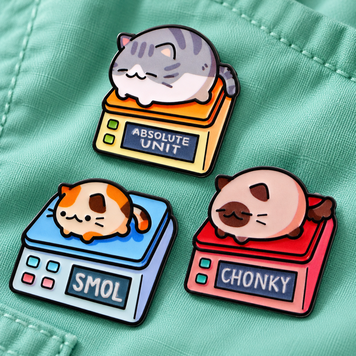 Three colorful cat weight check enamel pins on mint green scrub fabric