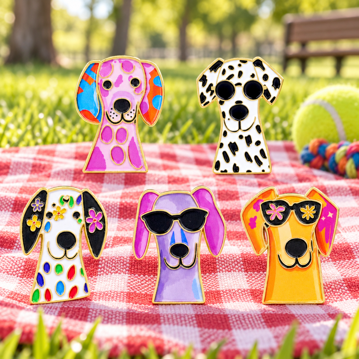 Five colorful dog enamel pins on a sunny picnic blanket