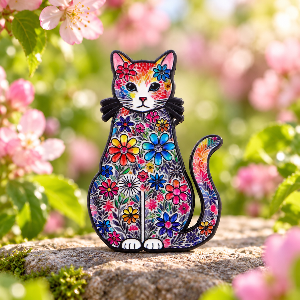 Colourful Floral Black Cat enamel pin in a blooming garden