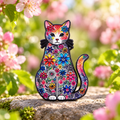 Colourful Floral Black Cat enamel pin in a blooming garden