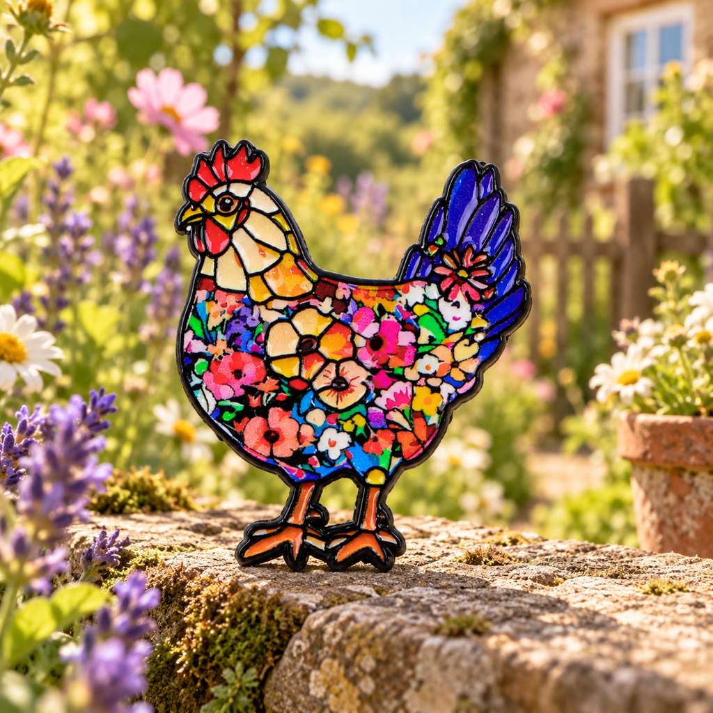 Colourful Floral Hen enamel pin in a sunlit cottage garden