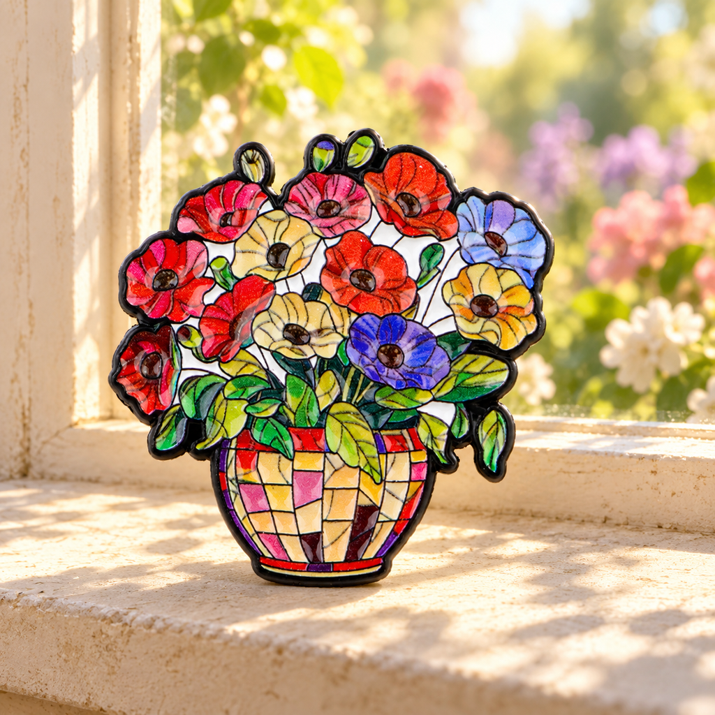 Colourful Flower Bouquet in a Vase enamel pin on a sunlit windowsill