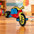 Colourful Retro Tricycle enamel pin in a nostalgic playroom