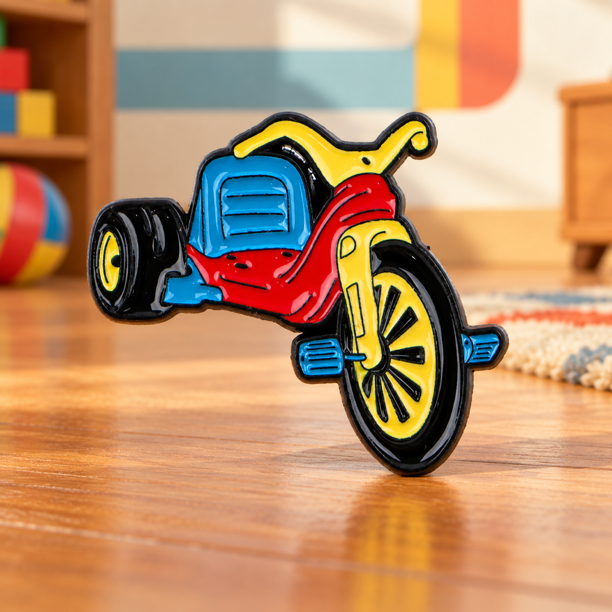 Colourful Retro Tricycle enamel pin in a nostalgic playroom