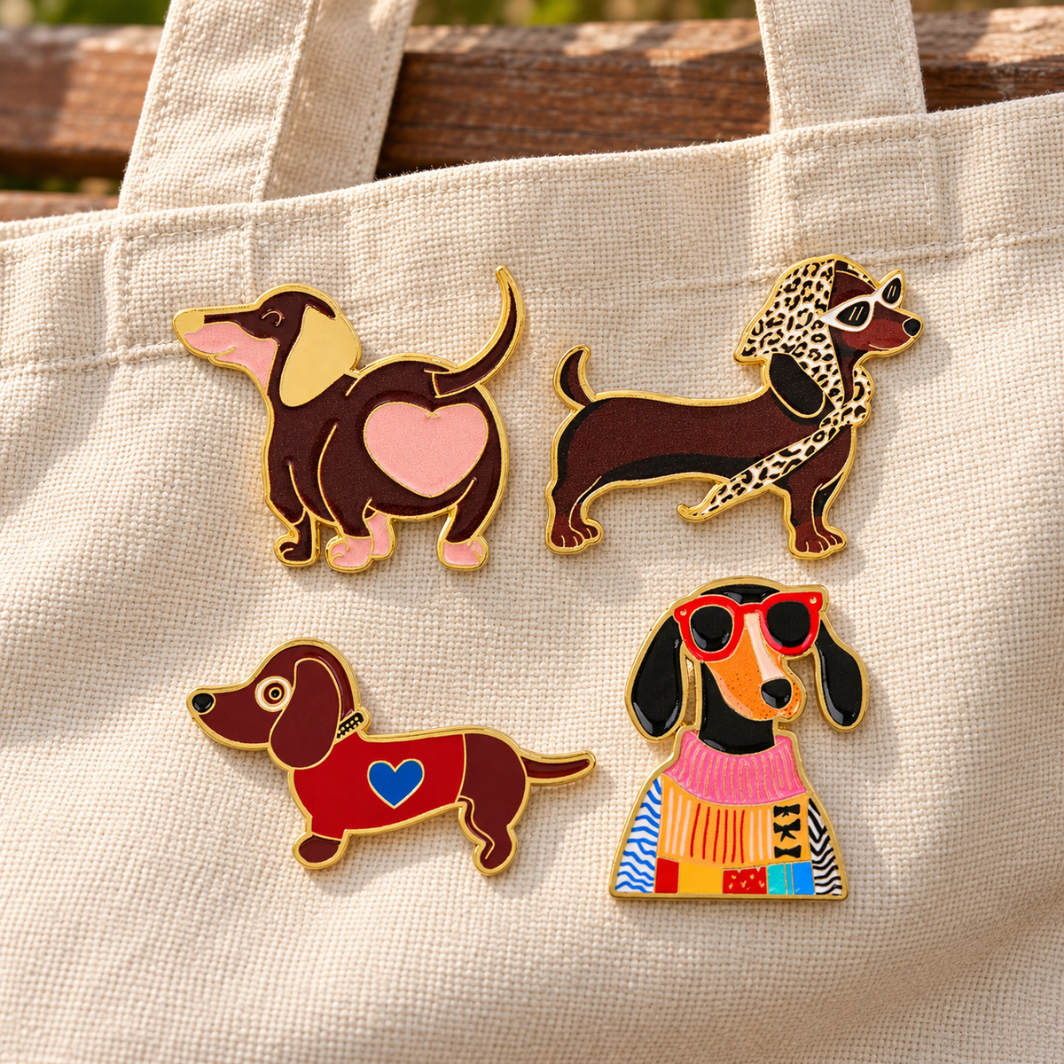 Four colorful dachshund enamel pins on a cream canvas tote