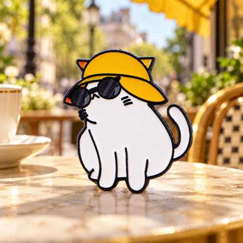 Cool White Cat in a Yellow Hat enamel pin on a sunny café backdrop