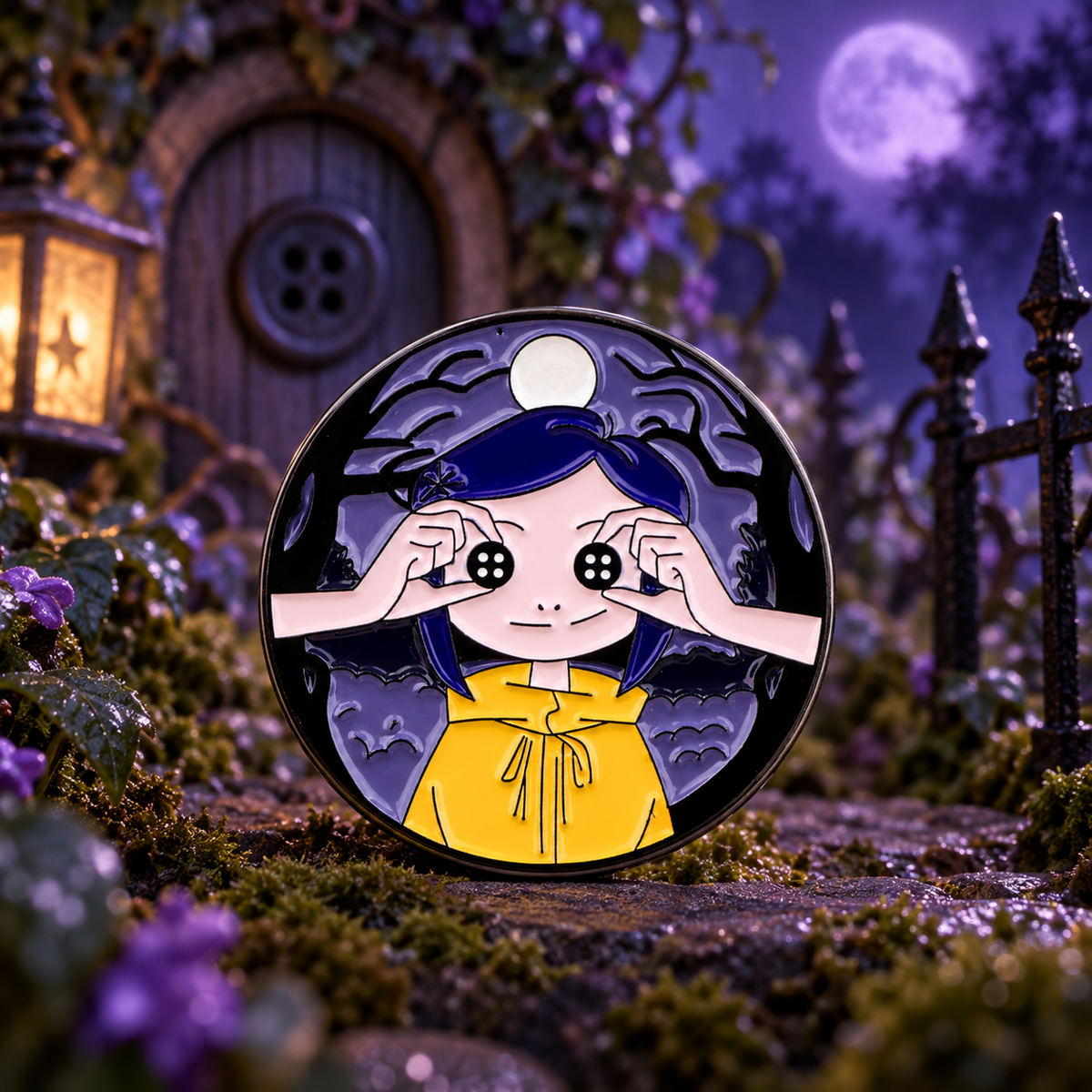 Coraline Pin on a themed spooky background