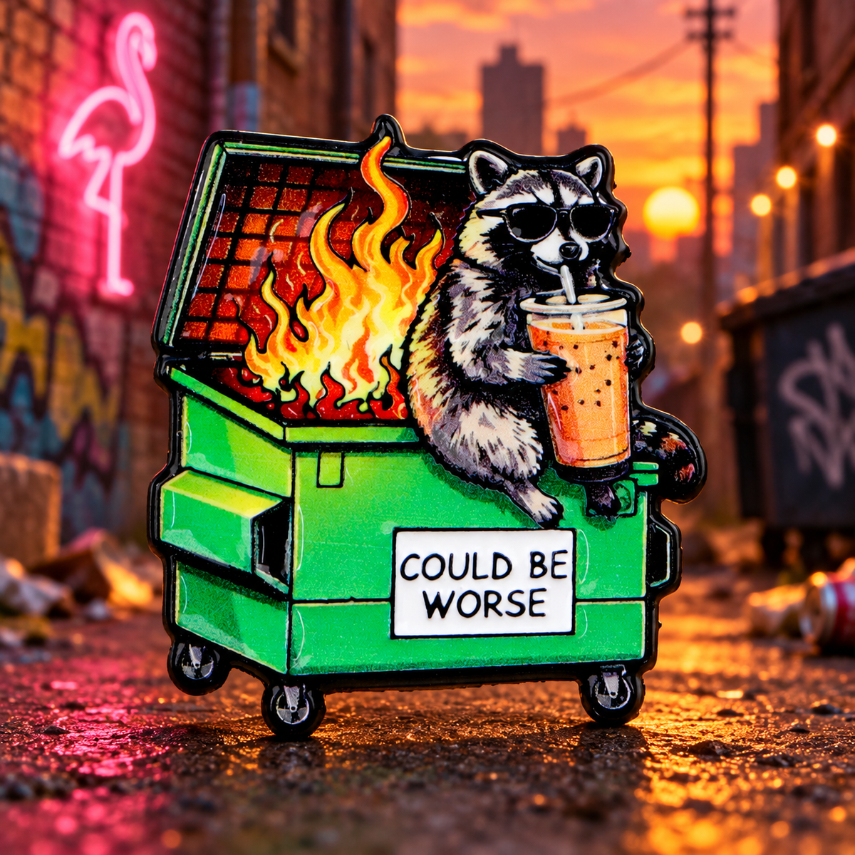 Could Be Worse raccoon enamel pin in a sunset urban alley