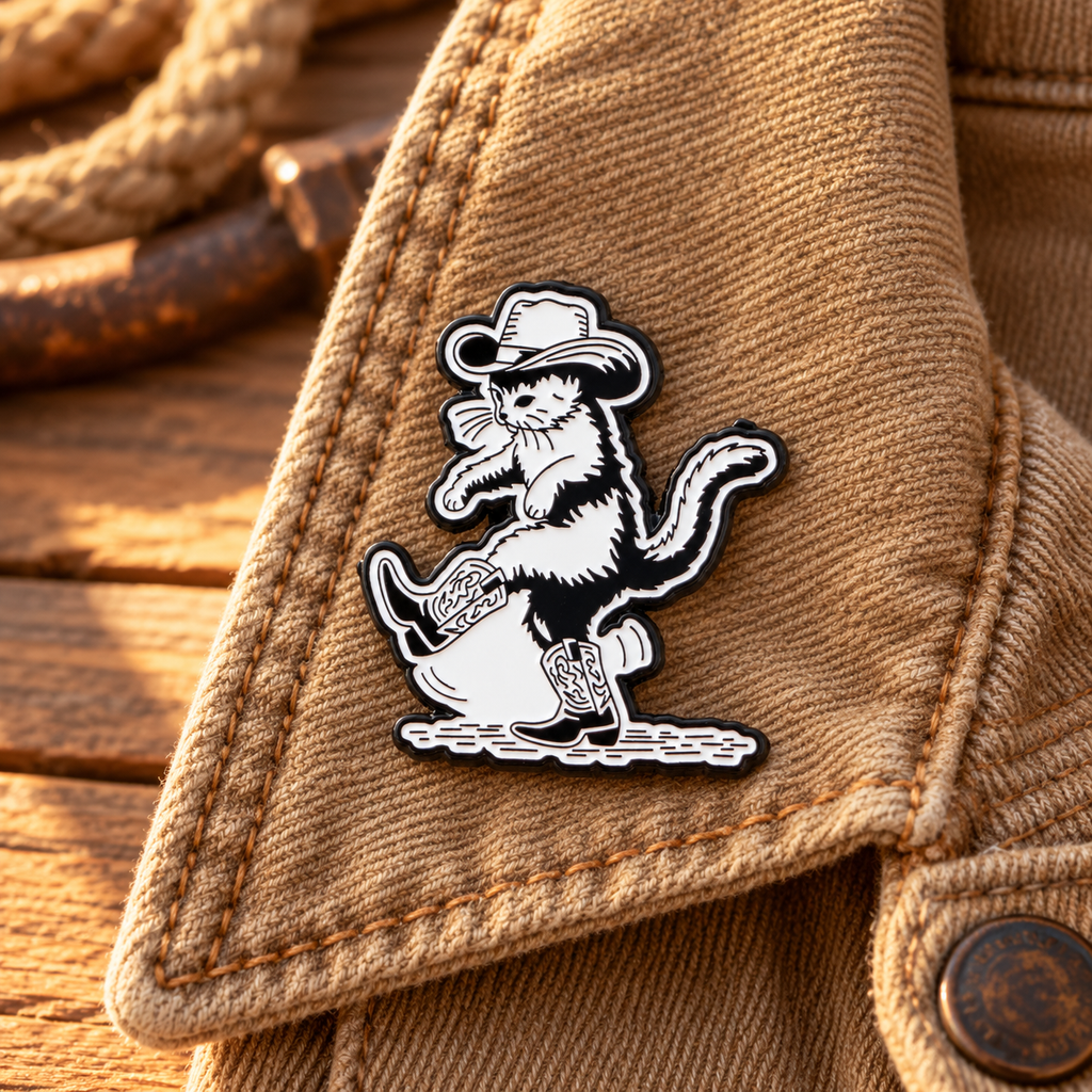 Cowboy Cat Boots enamel pin on a tan jacket in a rustic setting