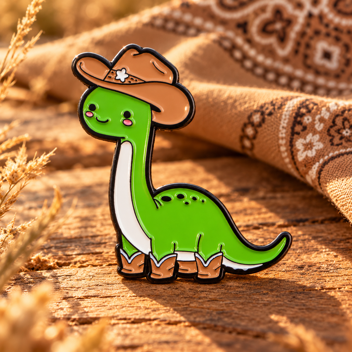 Cowboy Dinosaur Pin on a warm western tabletop