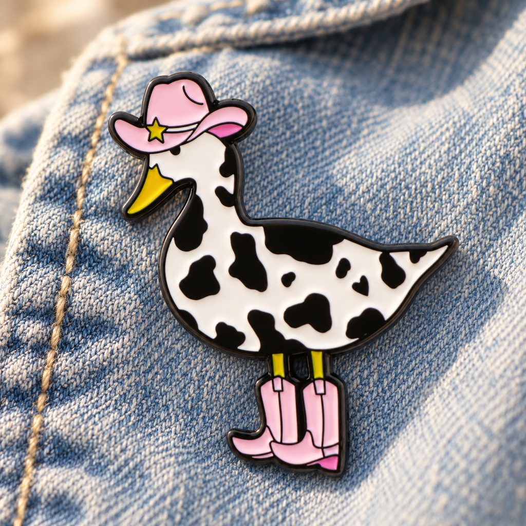 Cowboy Duck enamel pin on denim fabric
