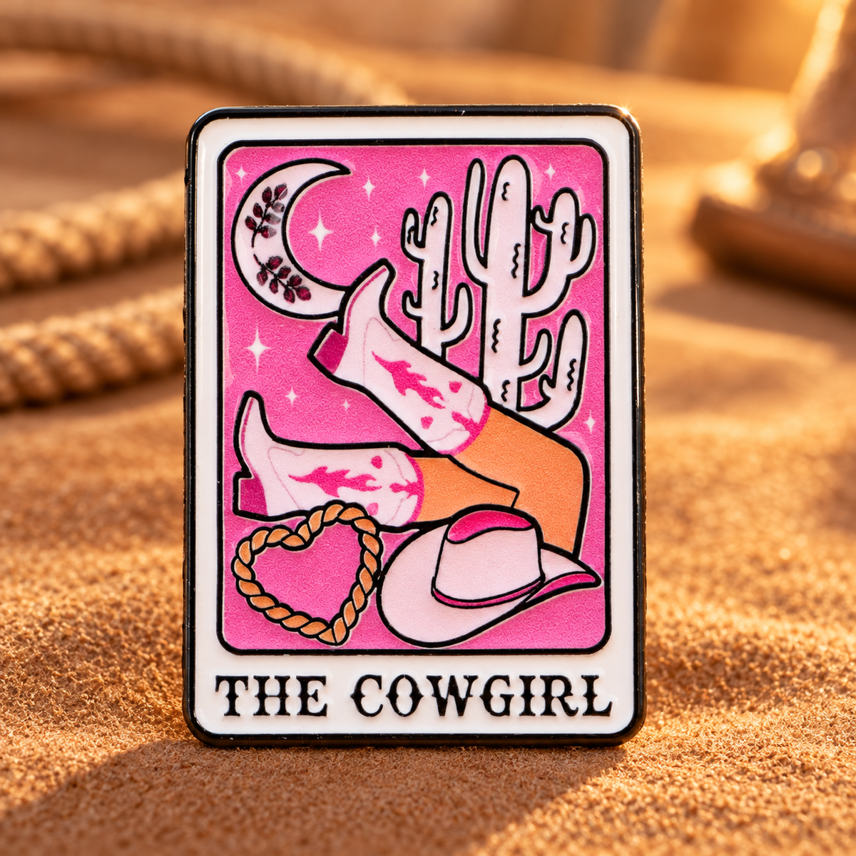 The Cowgirl Tarot Pin on warm western suede