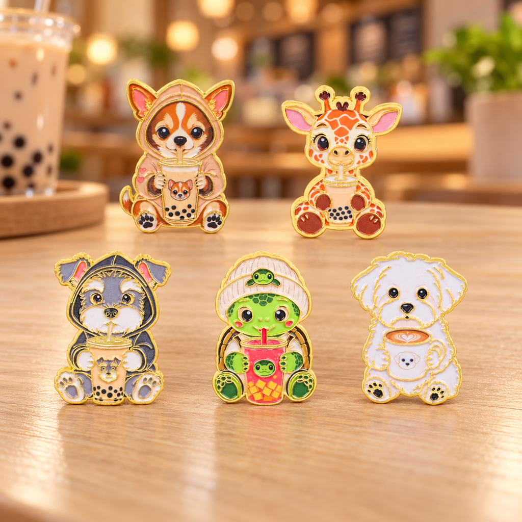 Cozy Animal Drink Pins in a warm bubble tea café setting