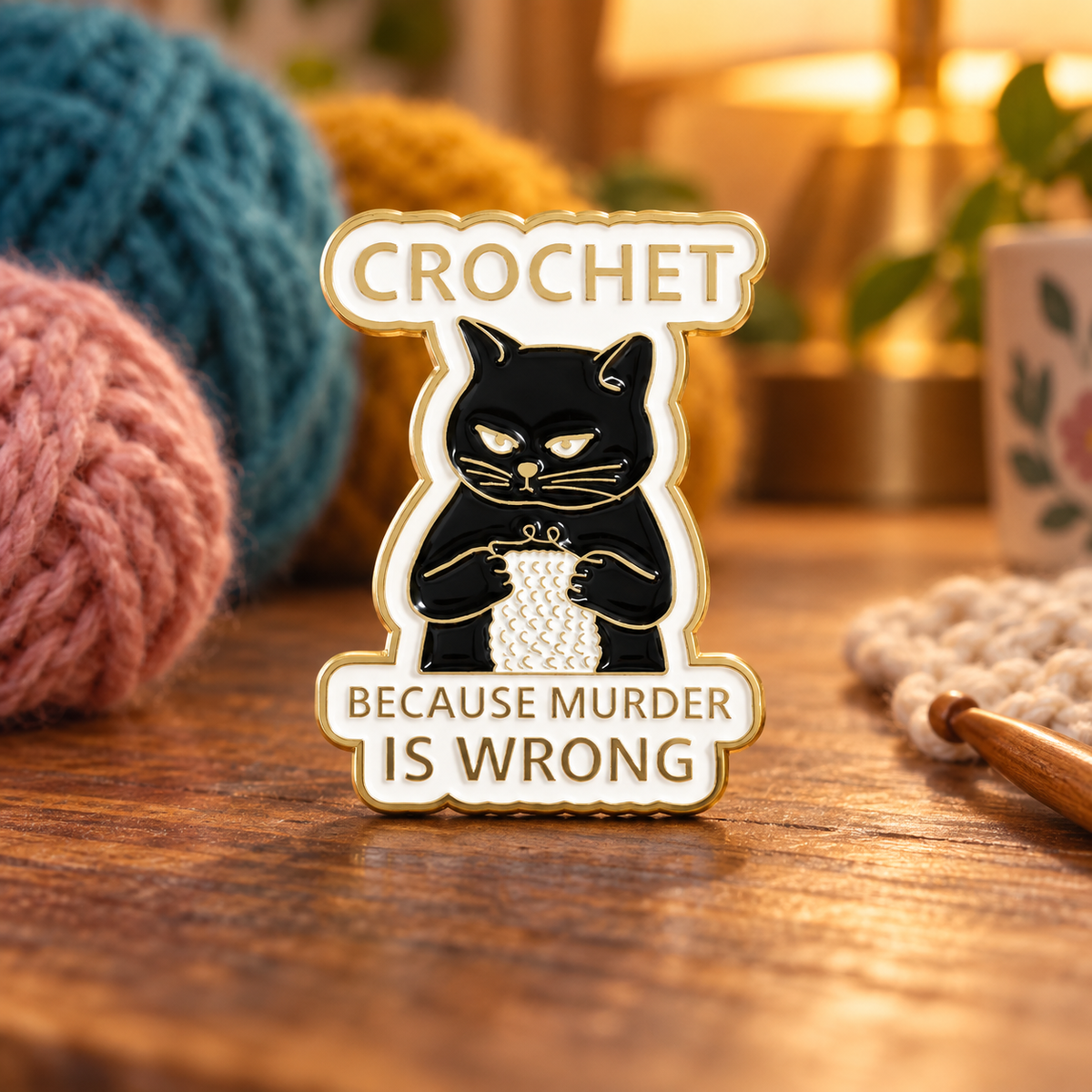 “Crochet Because Murder Is Wrong” Black Cat Pin — styled product photo