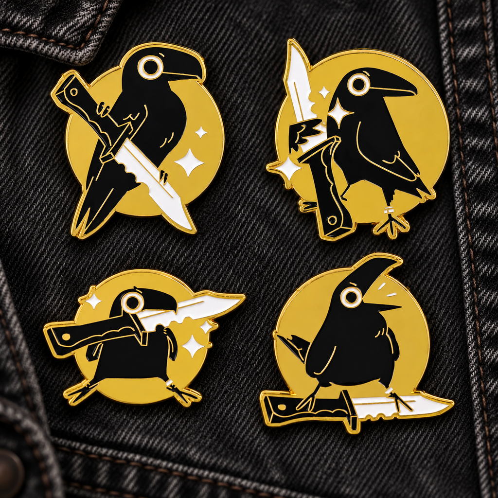 Four crow with knife enamel pins on black denim